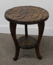 Japanese Arts & Crafts carved 2 tier 3 legged table made for Liberty c. 1905 H 46cm x D 37cm