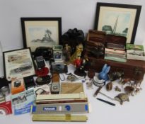 Case containing  Morris Minor small framed poster and pin badge, Rolls Razors, Dubarry bakelite