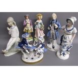 Volkstedt boy and girl on seesaw 1262, Made in Spain seated girl, Foreign pair, IVO lady with flower