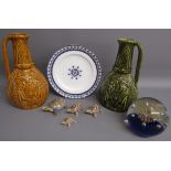 Sadler Inca style ewers brown and green, Gothic 8659 plate, glass paperweight and Wade tortoises