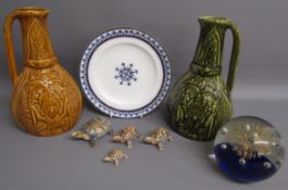 Sadler Inca style ewers brown and green, Gothic 8659 plate, glass paperweight and Wade tortoises