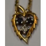 9ct gold necklace with attached heart shape diamond & sapphire set pendant 2.4g