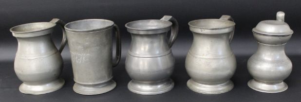 4 pewter quart tankards (2 marked Gaskell & Chambers, one Victorian with initials) and London pewter