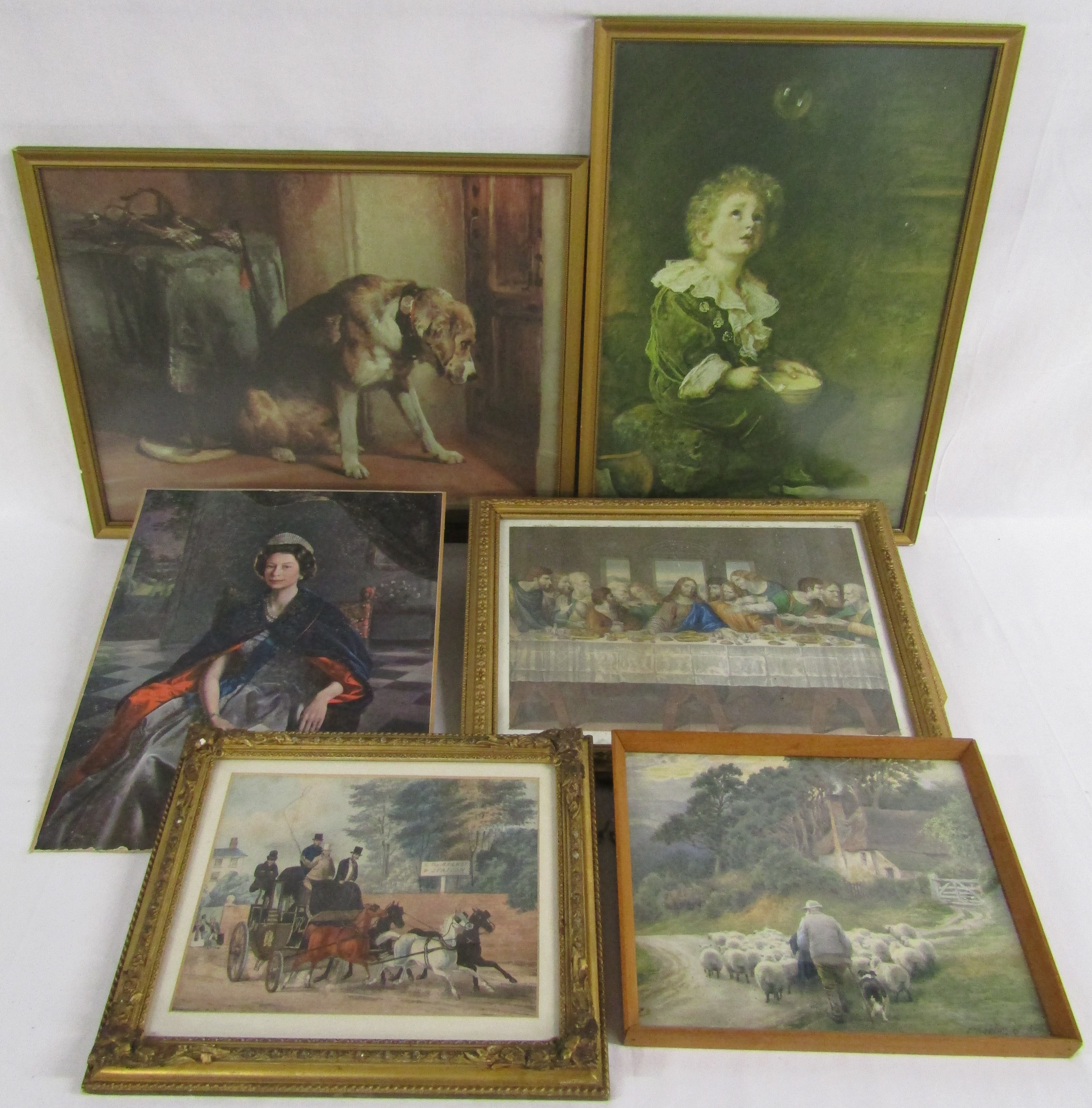 Framed prints includes The Last Supper, To the Railway Station, Bubbles Pears print, Victorian dog
