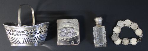 Small hobnail cut glass smelling salts bottle with silver screw lid, 3 pence piece bracelet,