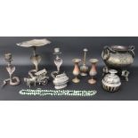 Selection of Indian metalware including censer, green glass bead necklace etc.