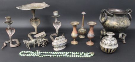 Selection of Indian metalware including censer, green glass bead necklace etc.