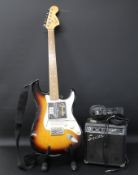 Squier Strat by Fender electric guitar (serial number CY01065640) with stand, soft case,