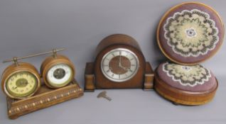 Smiths Enfield mantel clock, wooden clock & barometer duo and 2 foot stools with beaded cushion