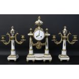 French 3 piece marble clock garniture with hand painted enamel face, decorative gilt brass mounts,