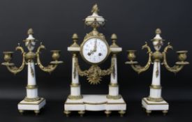 French 3 piece marble clock garniture with hand painted enamel face, decorative gilt brass mounts,