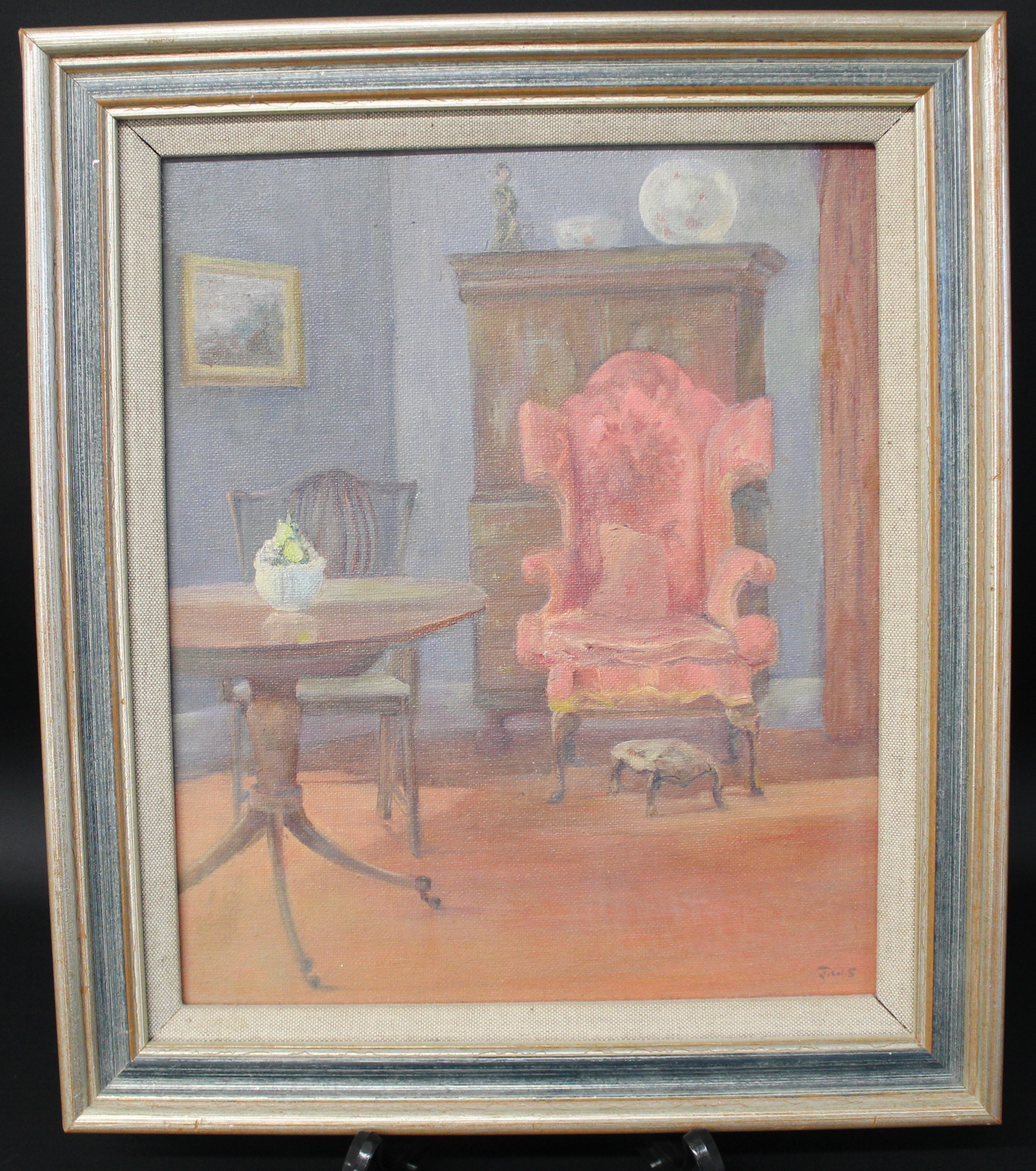 Framed oil on board "The Red Chair" by Joie Welbrock-Smith, with label verso for The National - Image 6 of 8