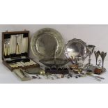 Collection of silver plate includes salver and goblet etched 1872, part Ogden's fish set, toasting