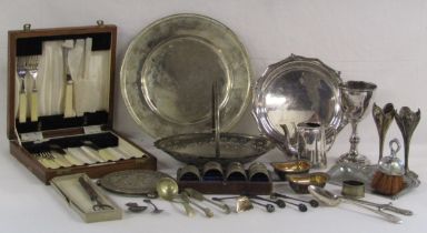Collection of silver plate includes salver and goblet etched 1872, part Ogden's fish set, toasting