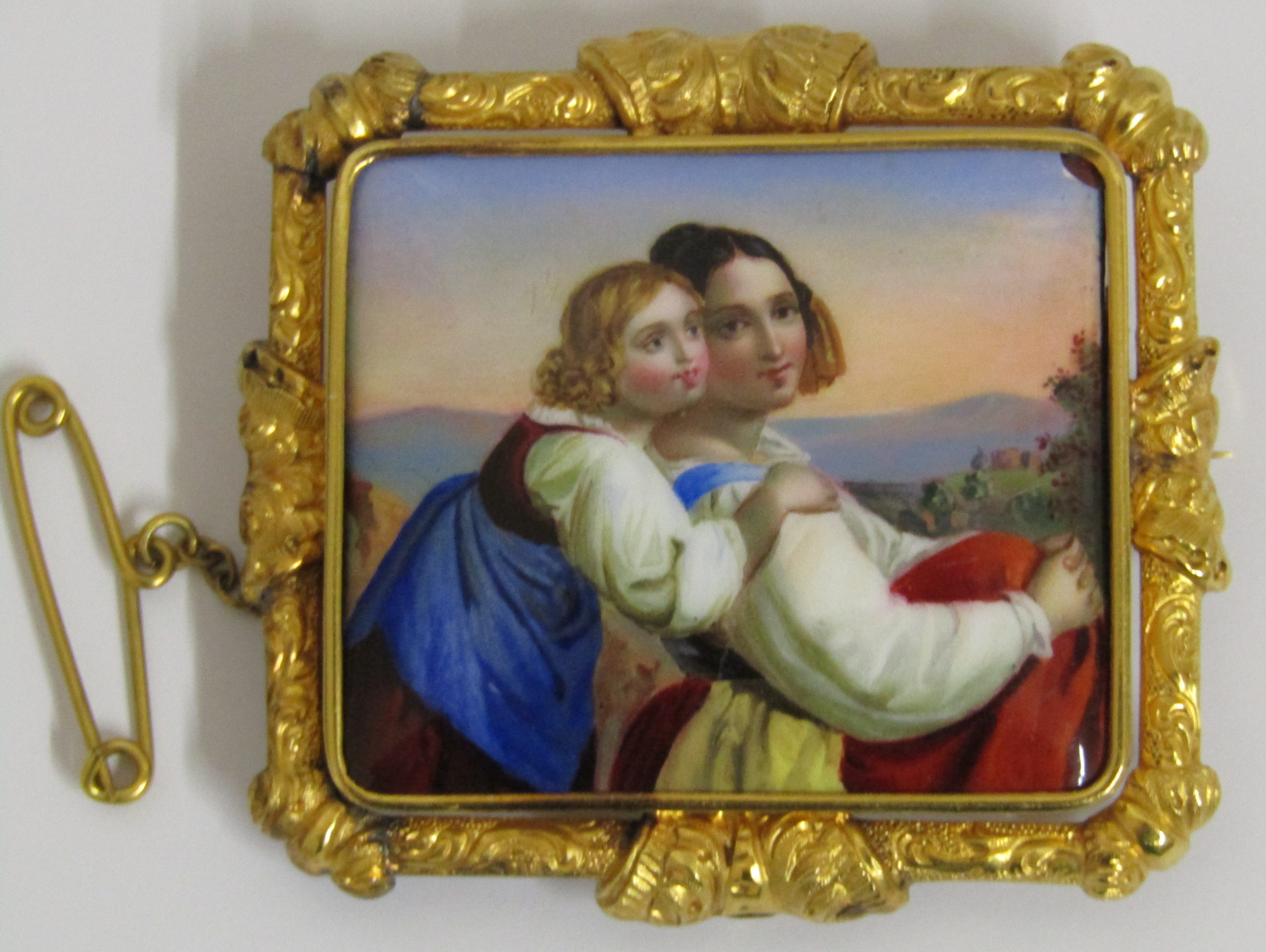 Tested as possibly 15ct gold mounted hand painted brooch depicting mother & child  (slight damage to - Image 2 of 5