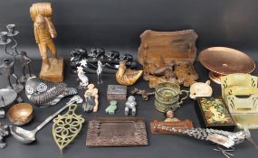 Selection of treen, copper, brass letter rack, Russian lacquered box, animal ornaments etc.