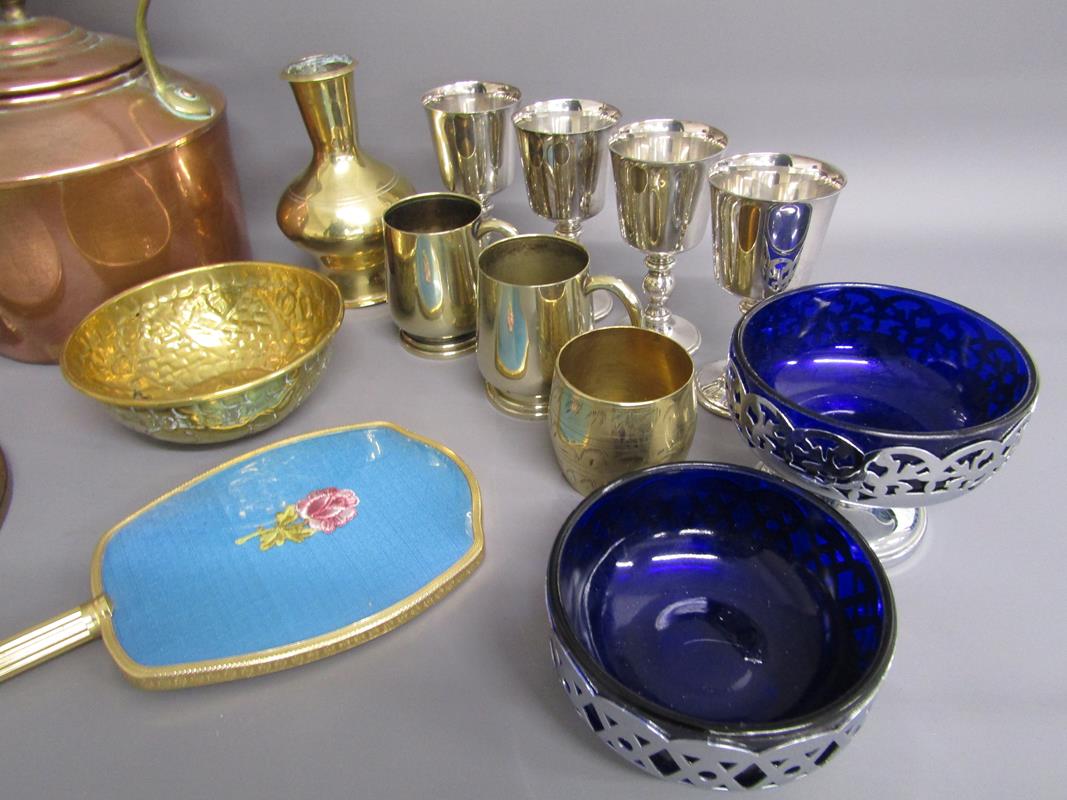 Collection of brass, copper and silver plate includes copper kettle, Barker Ellis goblets, blue - Image 5 of 5