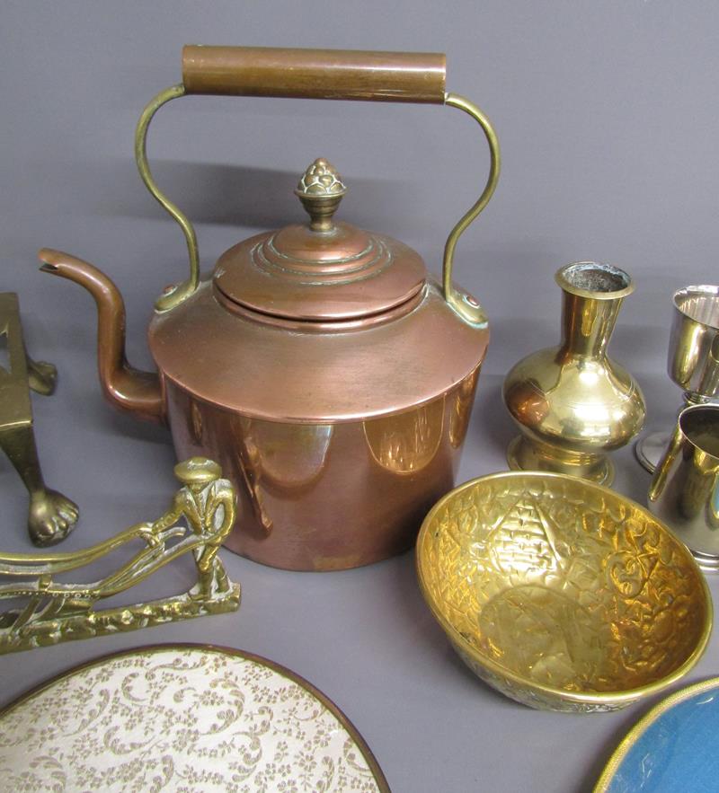 Collection of brass, copper and silver plate includes copper kettle, Barker Ellis goblets, blue - Image 4 of 5