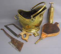 Brass coal bucket, spear & Jackson saw, chopper, wood and leather bellows and Minimax hand pump type