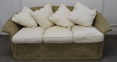 Rattan conservatory sofa with off-white fitted & scatter cushions, 165cm w x 64cm h x 80cm d