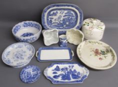 Collection of  blue and white table ware also a Worcester footed plate, cheese dome lid, moulds etc