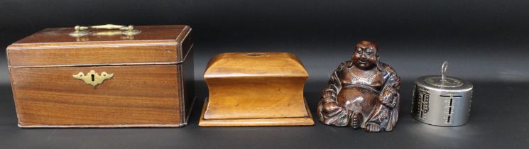 Georgian mahogany tea caddy, fruit wood money box (containing some coins, with carved initials to