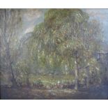 Framed oil on canvas Impressionist landscape with trees in the foreground signed H.Royle, approx.