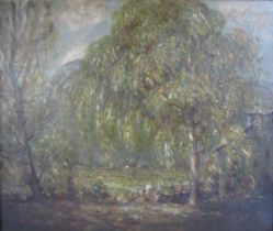 Framed oil on canvas Impressionist landscape with trees in the foreground signed H.Royle, approx.