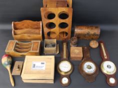 Selection of treen, aneroid barometers, copper blotter, Terracotta dominoes & 1 other set etc.