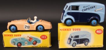 Dinky 111 Triumph TR2 Sports Car, peach body, mid-blue interior and rigid hubs with smooth tyres,