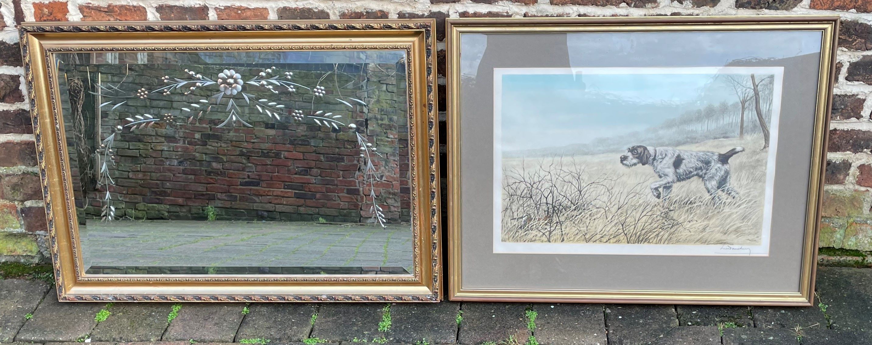 Gilt framed wall mirror & a framed hand-coloured lithographic print of a wire haired pointer
