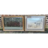 Gilt framed wall mirror & a framed hand-coloured lithographic print of a wire haired pointer