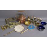 Collection of brass, copper and silver plate includes copper kettle, Barker Ellis goblets, blue