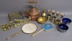 Collection of brass, copper and silver plate includes copper kettle, Barker Ellis goblets, blue