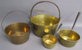 Brass jam pans and 2 brass saucepans (largest 32.5cm dia)