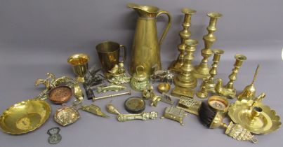 Brass ware includes jug, candlesticks, lidded boxes, figures etc, some copper and other metals
