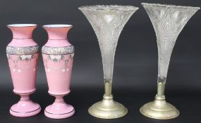 Pair of pink opaque glass vases with enamel decoration (chip / crack to one rim) 22cm tall & pair of