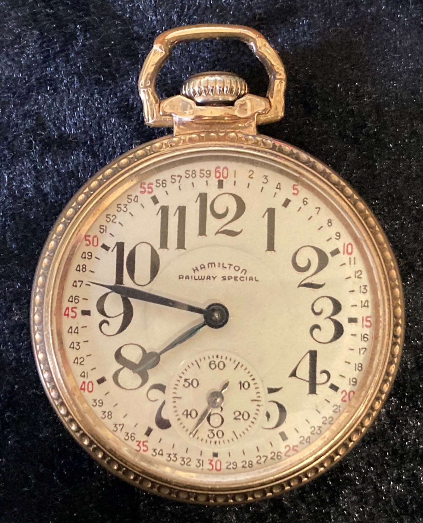 Hamilton Railway Special gold plated screw case pocket watch with Montgomery dial. Approx.