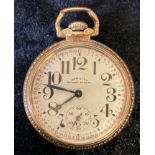Hamilton Railway Special gold plated screw case pocket watch with Montgomery dial. Approx.