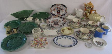 Majolica leaf plates, Fenton pin dish, 'Victoria' trios, Stoke-on-Trent Arcadian ware, Sadler