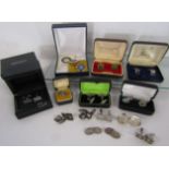 Collection of cufflinks includes silver Hugh Crashaw Sheffield silver 1997, Jade and Wedgwood -