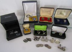 Collection of cufflinks includes silver Hugh Crashaw Sheffield silver 1997, Jade and Wedgwood -