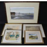 Large watercolour depicting coastal scene by T E J Brooker, watercolour "Penyghent" by F J W