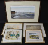 Large watercolour depicting coastal scene by T E J Brooker, watercolour "Penyghent" by F J W