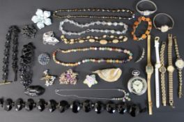 Selection of costume jewellery including semi precious stone necklace, jet / French jet,