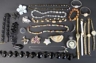 Selection of costume jewellery including semi precious stone necklace, jet / French jet,