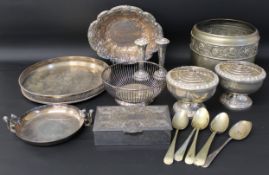 Selection of silver plate including silver plate on copper tray, pair of Viners rose bowls,