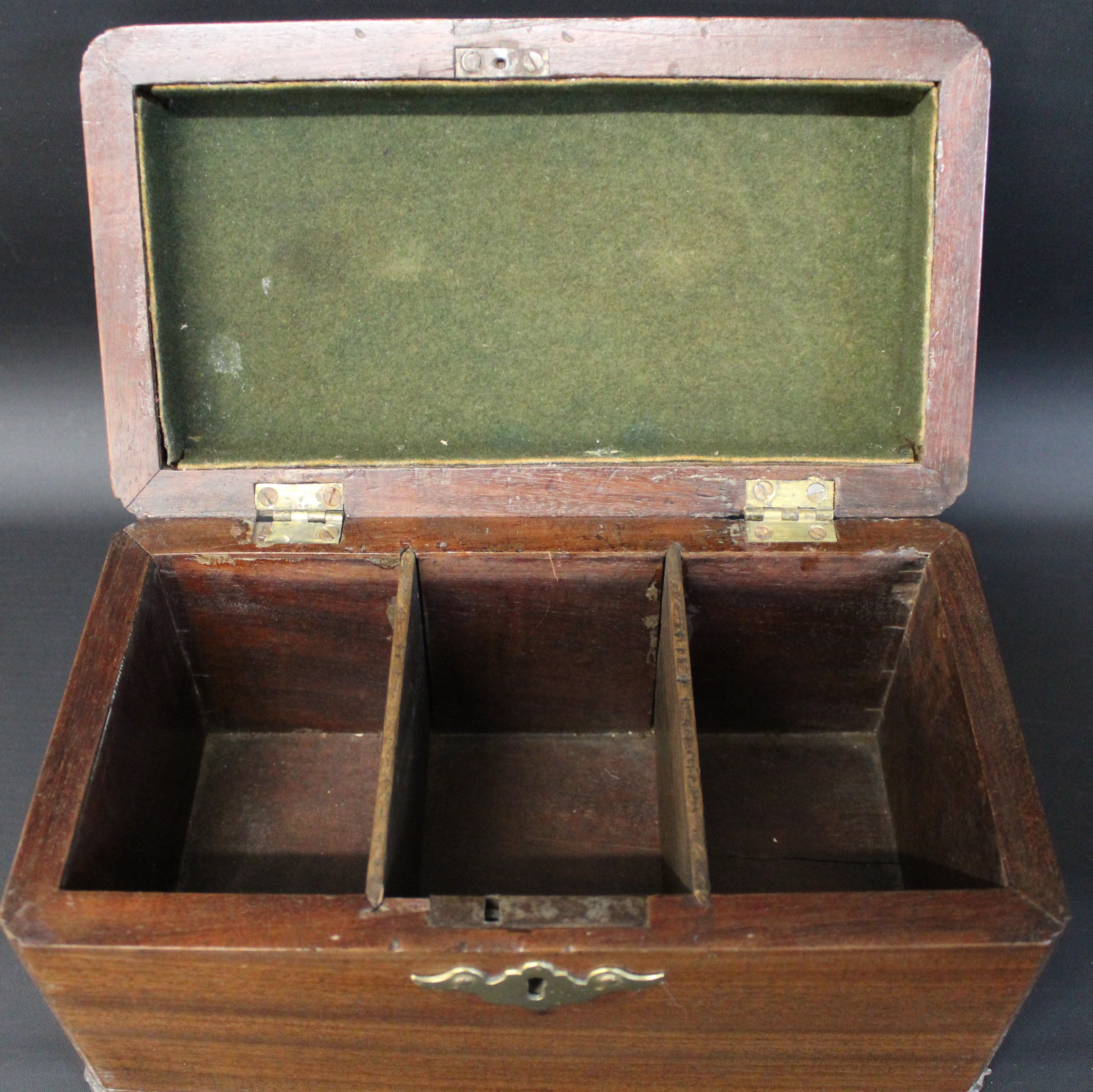 Georgian mahogany tea caddy, fruit wood money box (containing some coins, with carved initials to - Image 3 of 9