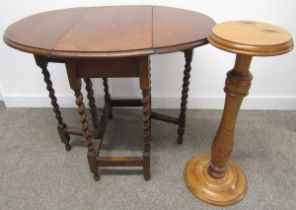 Oak drop leaf side table with barley twist legs and pine torchere