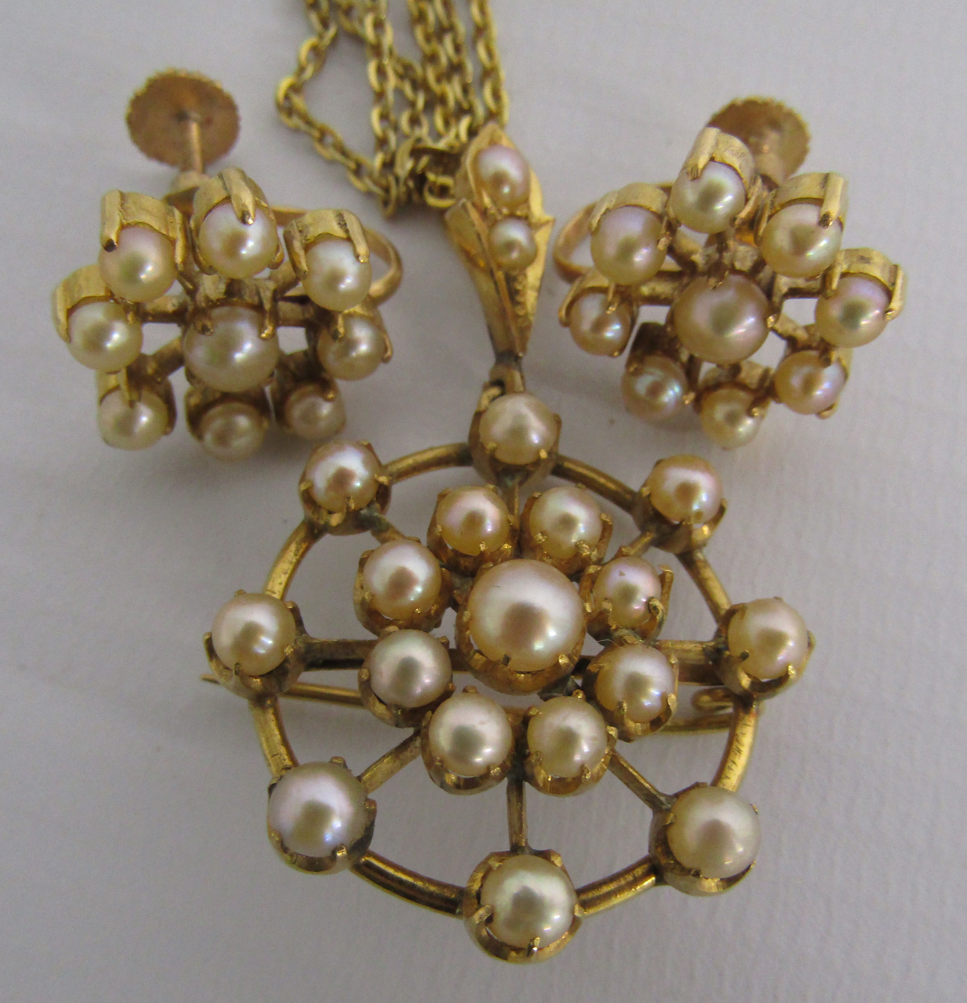 Tested as 9ct gold mounted earrings set with pearls and matching brooch pendant on yellow metal - Image 2 of 5